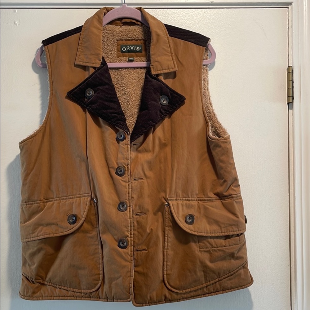 Orvis Tan and Brown Canvas Button Down Vest with Chocolate Corduroy Collar
